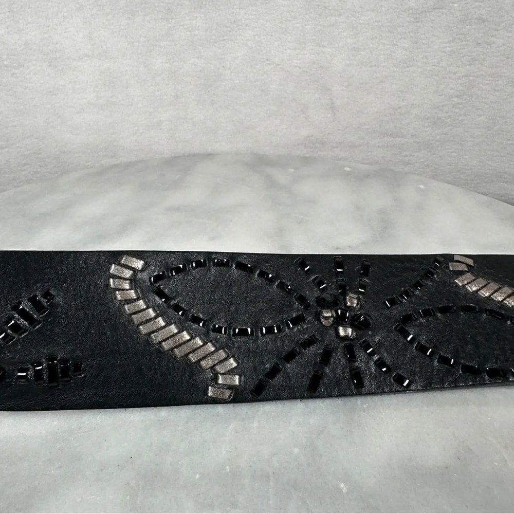 Brighton Black Leather‎ Belt Silver wide floral opera whipstitch bohemian biker